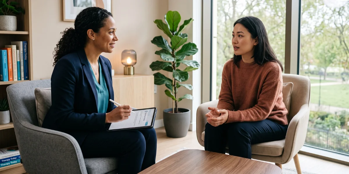 A therapist listening to a patient during an in-person care visit