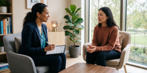 Patient speaking with a clinician during a first psychiatric appointment