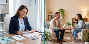 Psychiatrist vs therapist consultation showing medication management and talk therapy in professional mental health settings.
