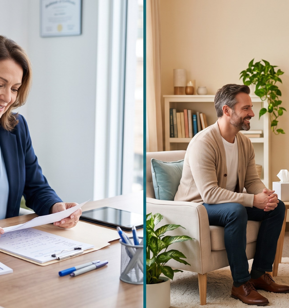 Psychiatrist vs therapist consultation showing medication management and talk therapy in professional mental health settings.