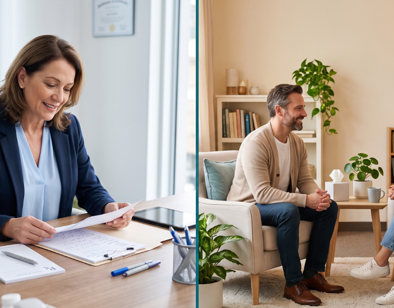 Psychiatrist vs therapist consultation showing medication management and talk therapy in professional mental health settings.